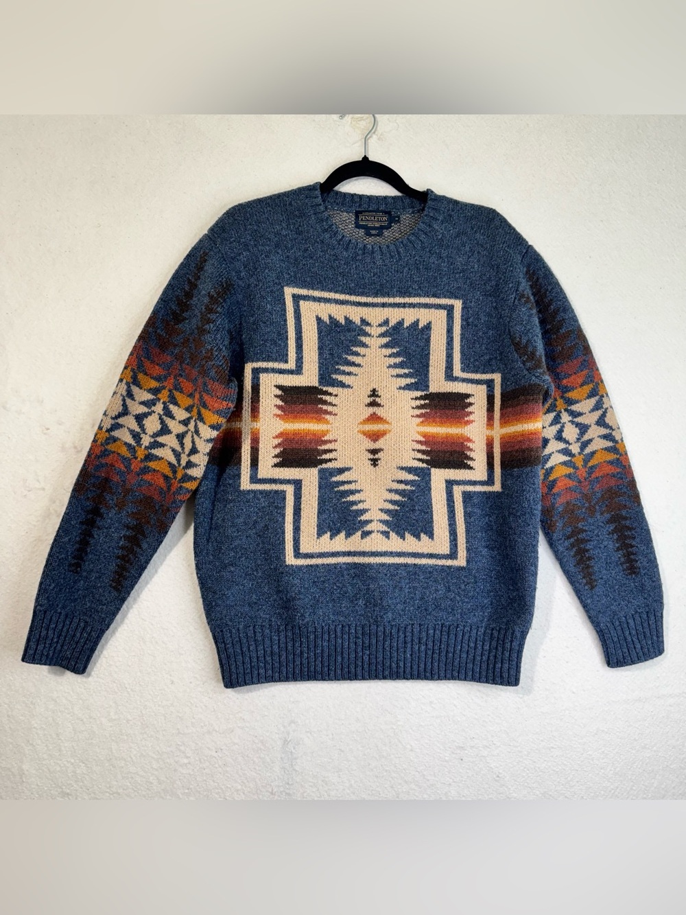 Pendleton Blue Shetland Harding Crewneck Sweater Geometric Pattern Wool Medium